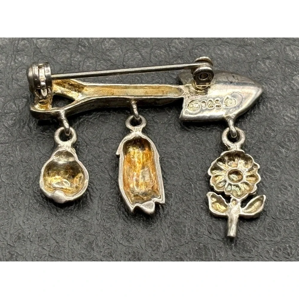 VTG Sterling Silver Garden Tool LADYBUG SHOVEL Sunflower Dangle Charm Brooch